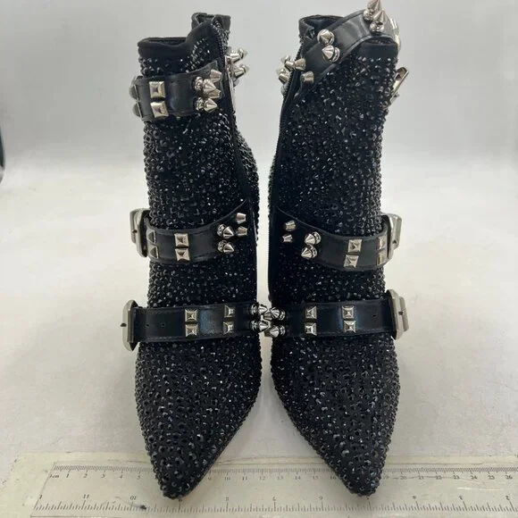 Black Studded Bling Ankle Boot Pointed Toe Crystal Embellished Zipper Shoe - Picture 3 of 7